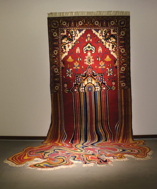 A traditional woven rug melting into liquid colour across the floor